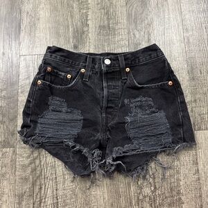 Levi’s 501 Button Fly Cut Off Distressed Jean Shorts Black Denim
